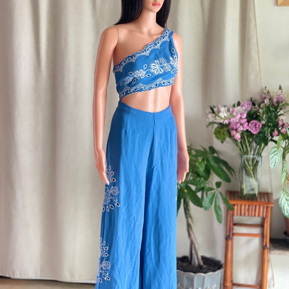 Farm Rio Blue Embroidered One Shoulder Cutout‎ Linen Jumpsuit Boho Defect Size M